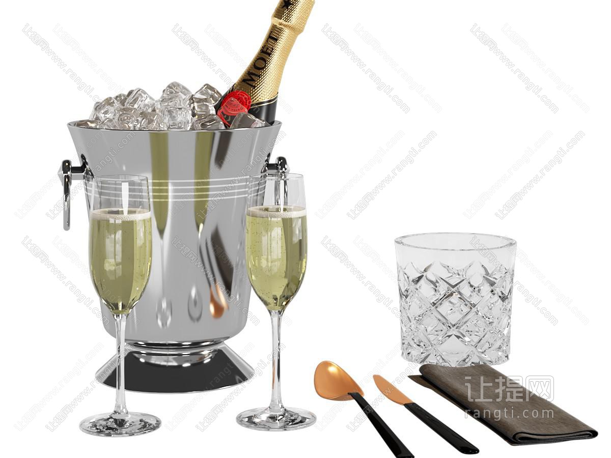 现代酒水组合 水杯 酒杯 酒瓶 冰块 汤勺 摆件