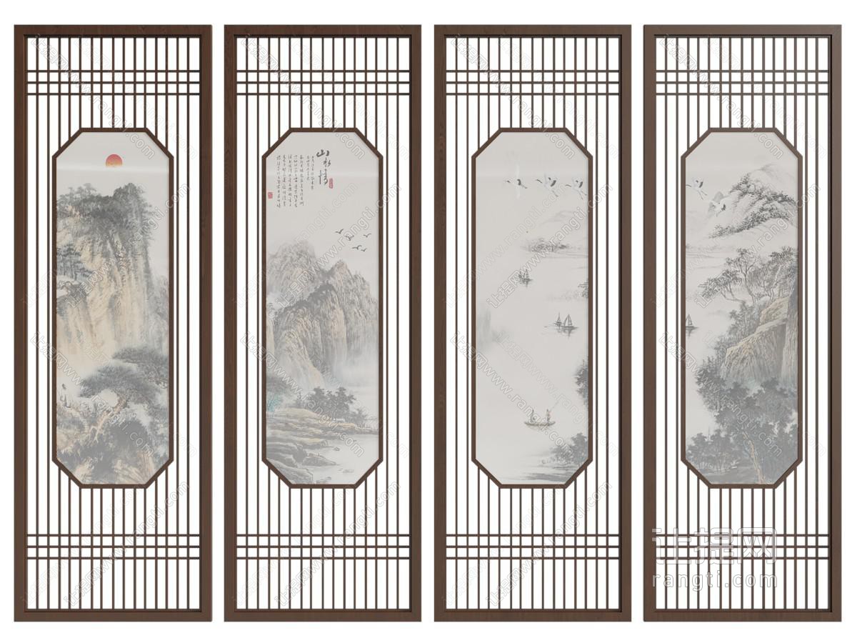 新中式隔断 新中式屏风隔断 花格隔断 绢布画