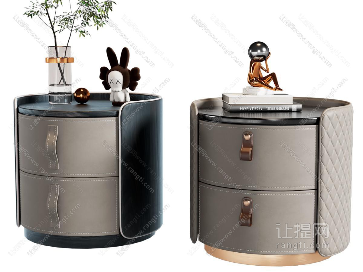 意式轻奢圆形床头柜 摆件 绿植