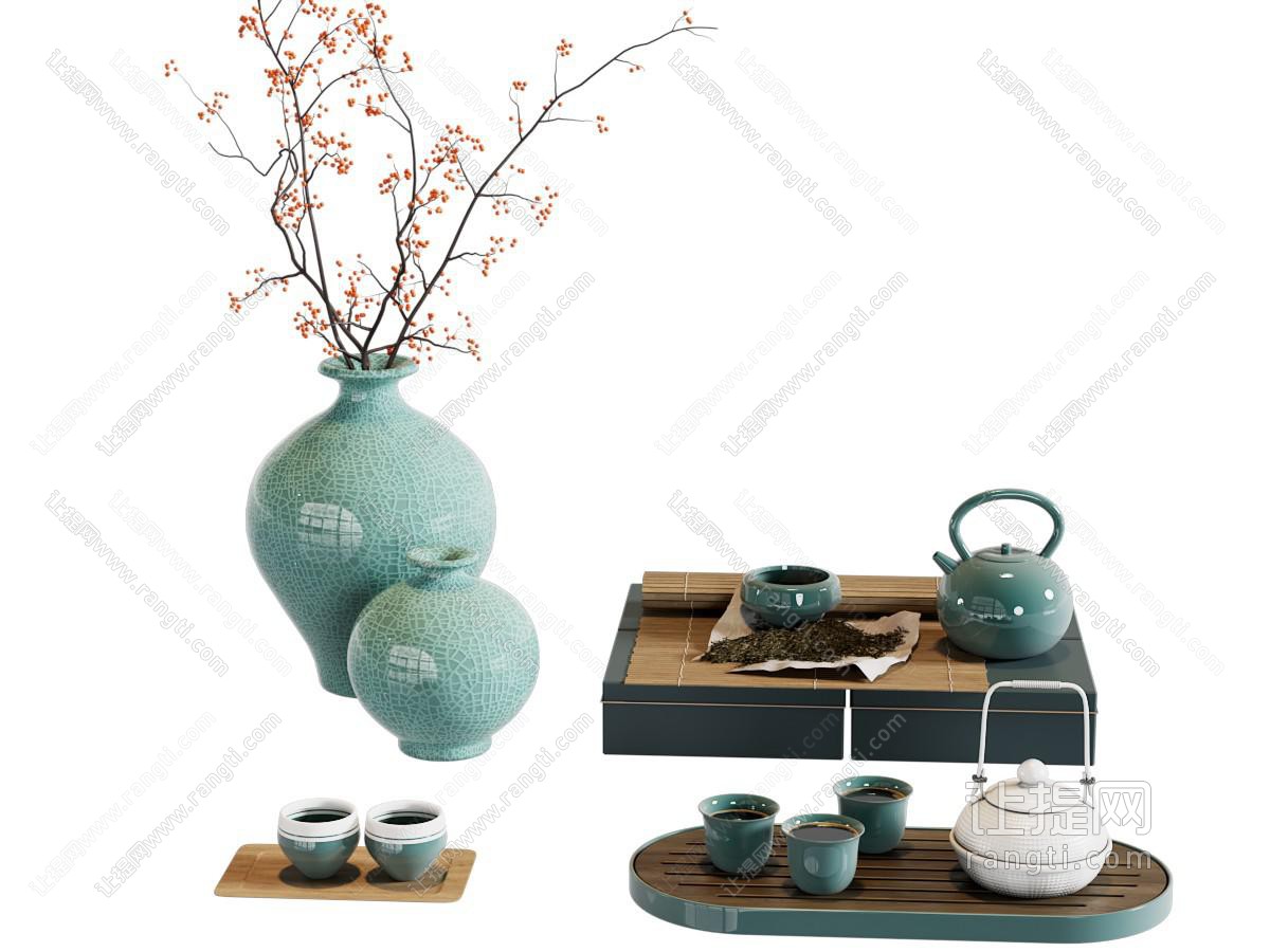 新中式茶具摆件组合 瓷器花瓶 茶具摆件 茶杯 茶盘