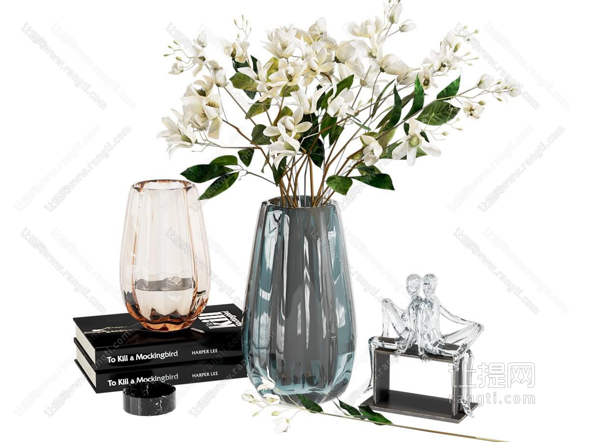 现代玻璃花瓶花卉 书籍 装饰品摆件组合