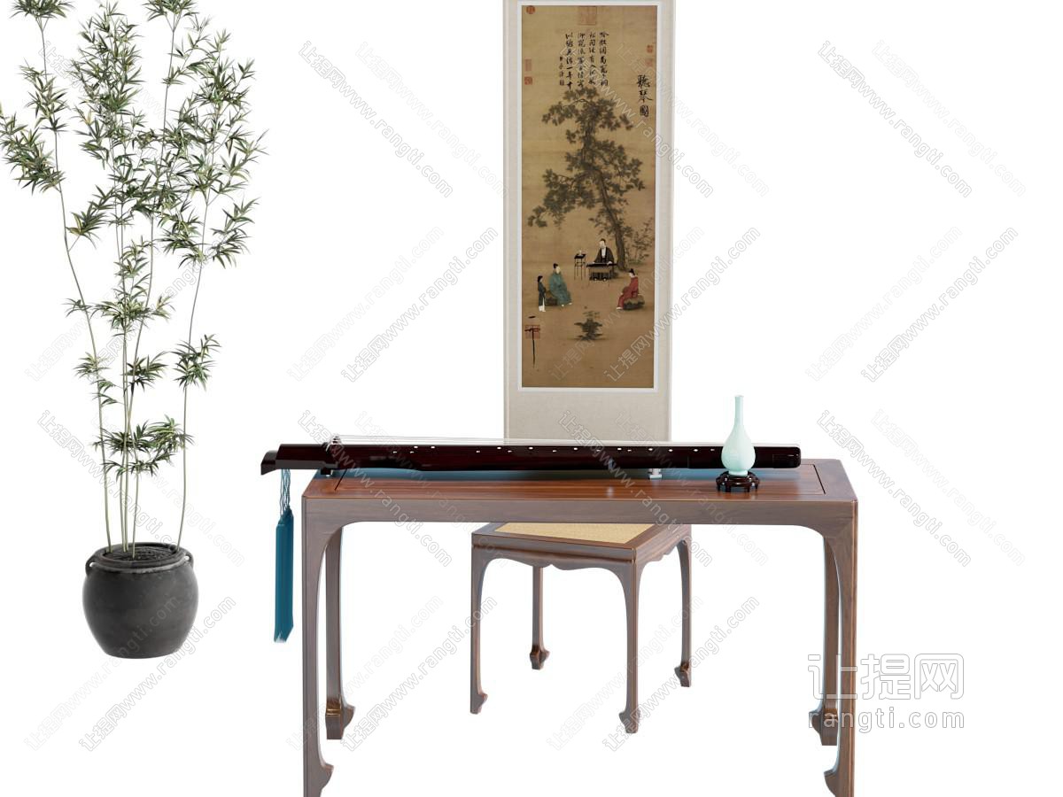 中式琴桌 琴凳 琴台 古琴 听琴图 竹子
