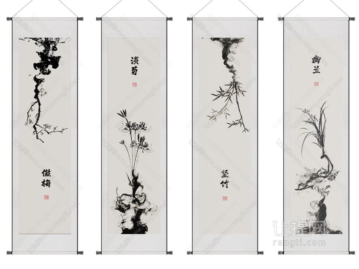 新中式装饰画 卷轴画 四联画 黑白画 新中式画