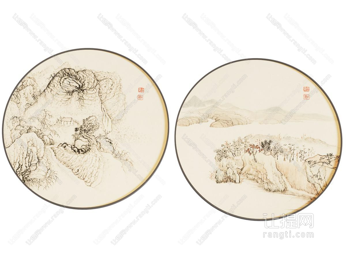 新中式典雅圆形山水装饰挂画