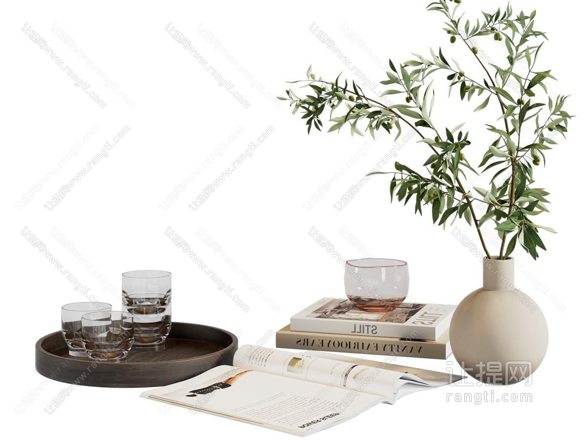 现代书籍 花瓶花卉 茶具杯子摆件组合