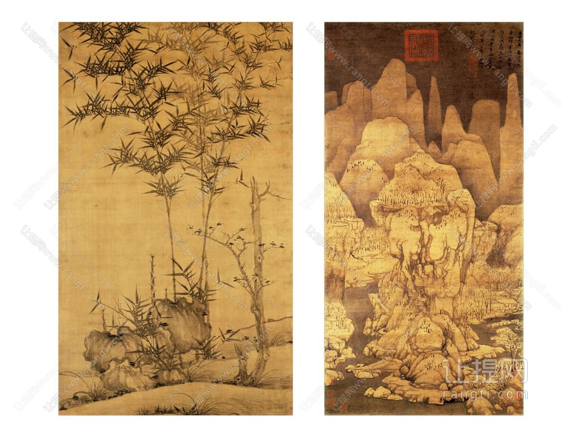 中式传统 竹石图 雪景图双拼挂画