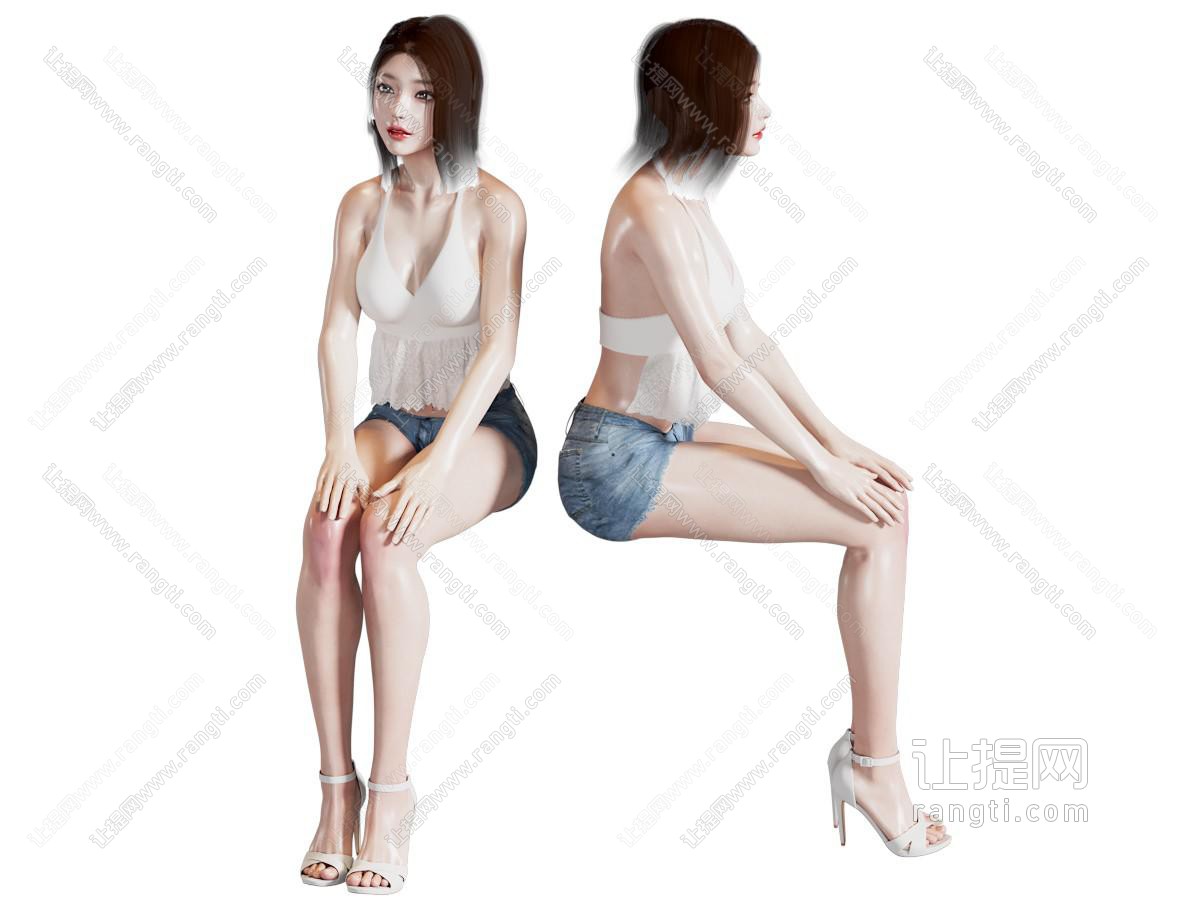 短发美女牛仔裤超短裙坐姿
