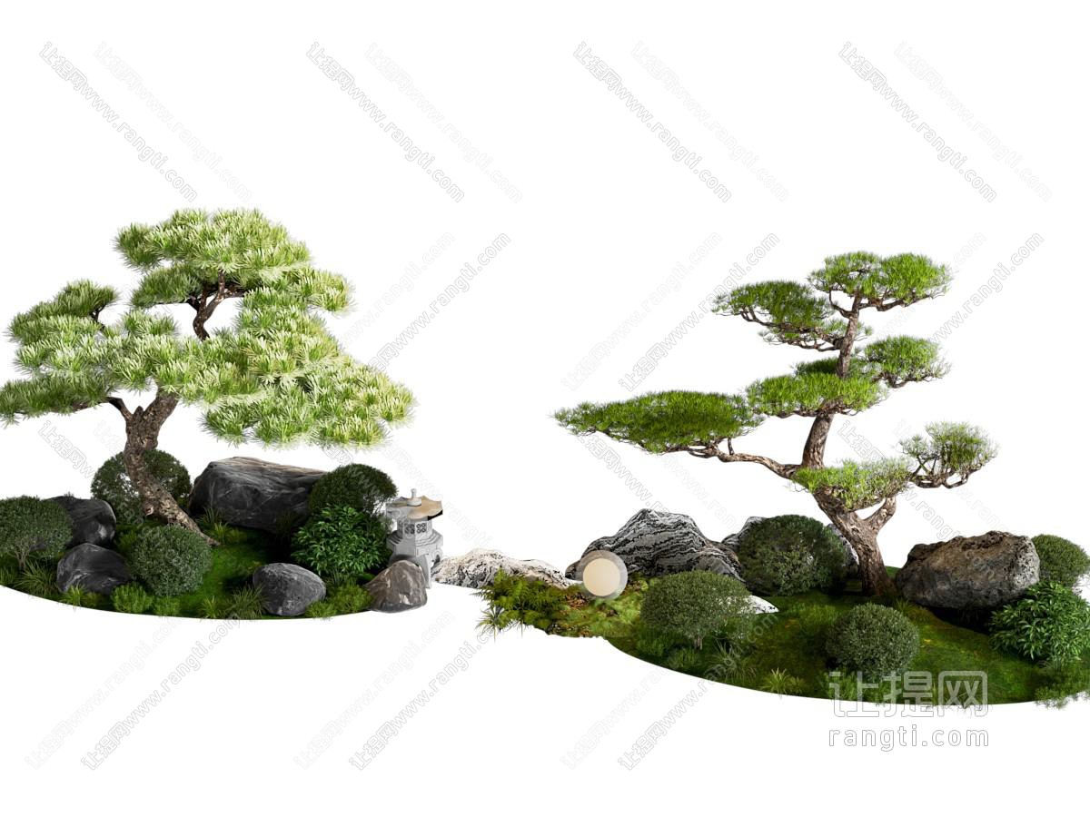 新中式广场景观 新中式松树景观 灌木组合 庭院景观