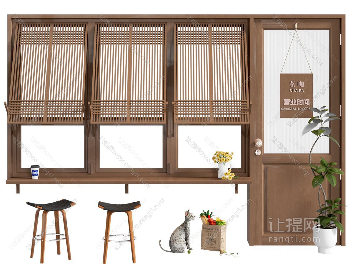 中式折叠窗 推拉窗 门头 吧椅 茶馆折叠窗
