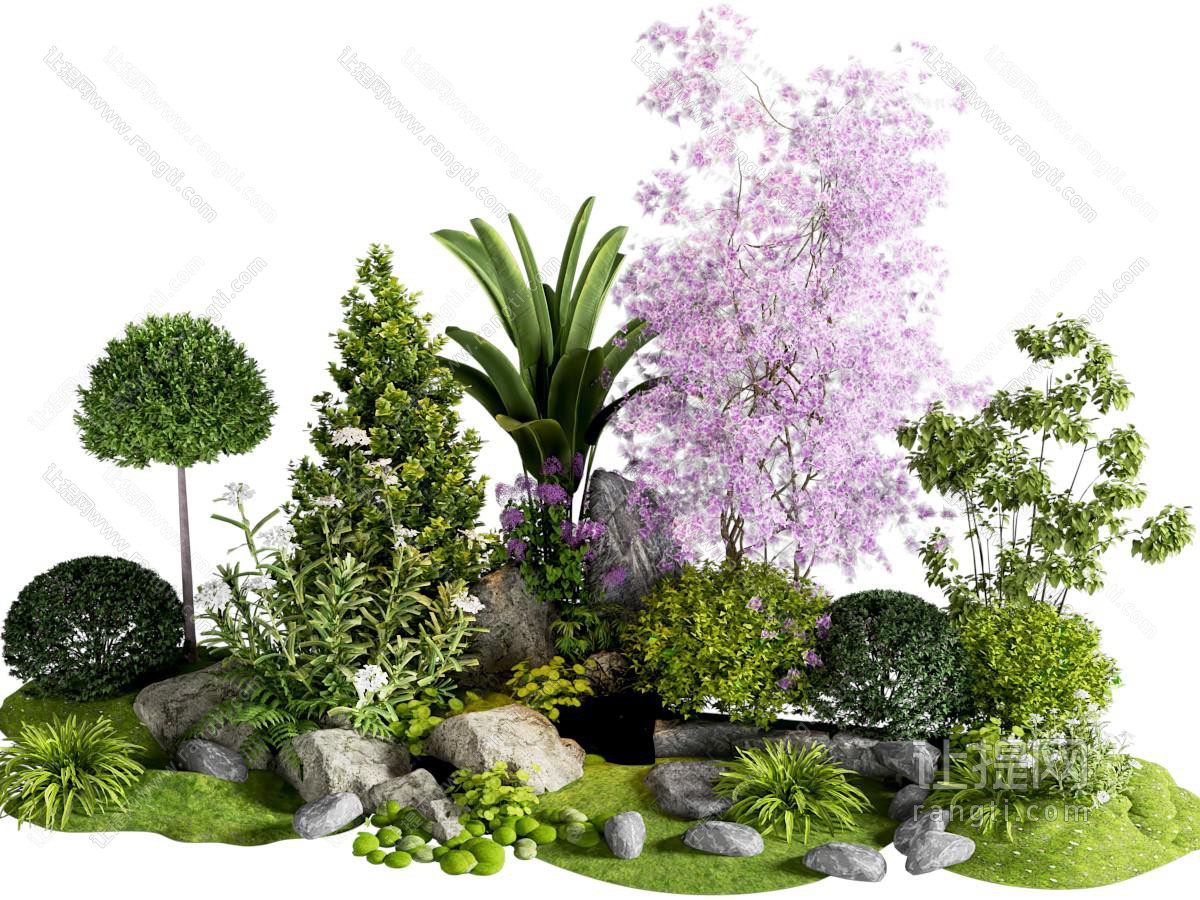 现代植物组合 花境组团 植物造景 植物堆 灌木球 女贞 景观石头 庭院小品