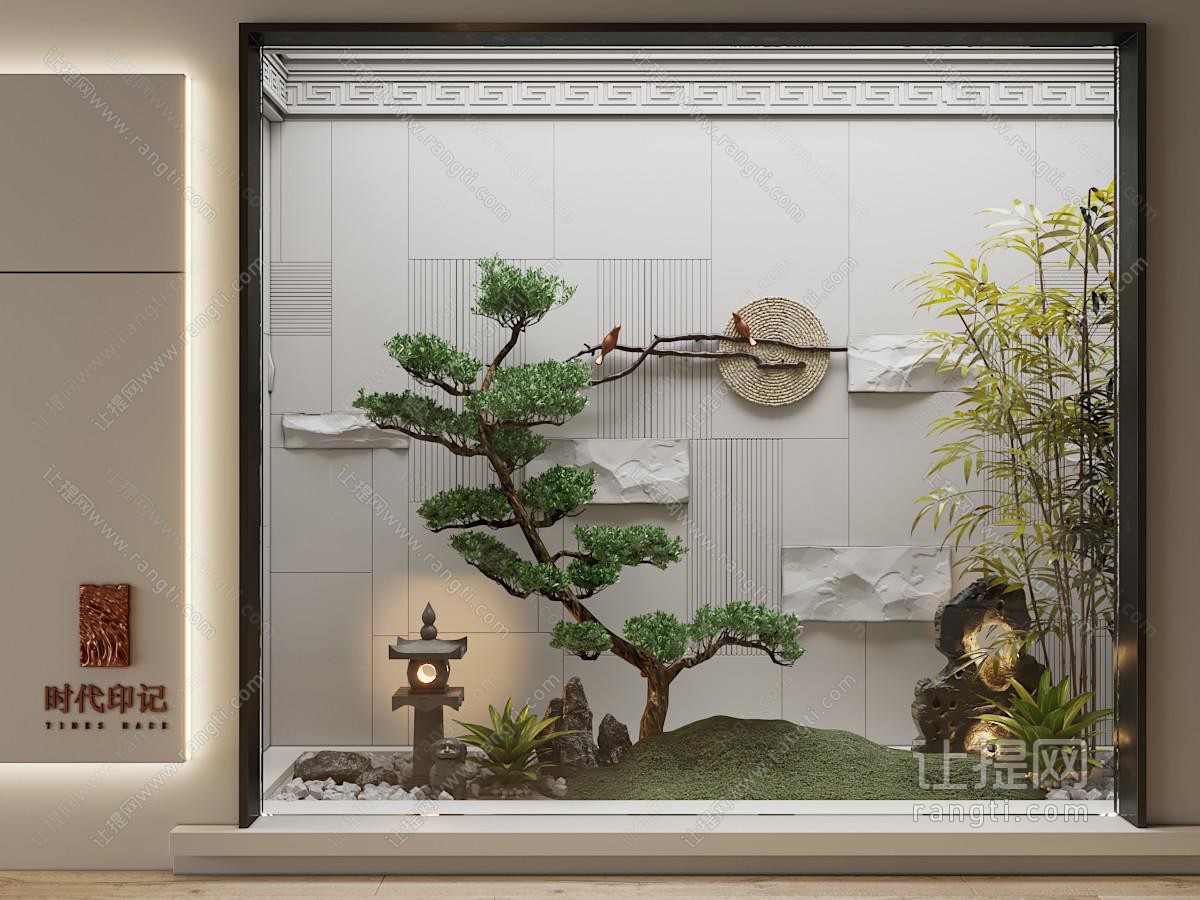 新中式植物景观造景 小品 竹子 石头 松树 饰品