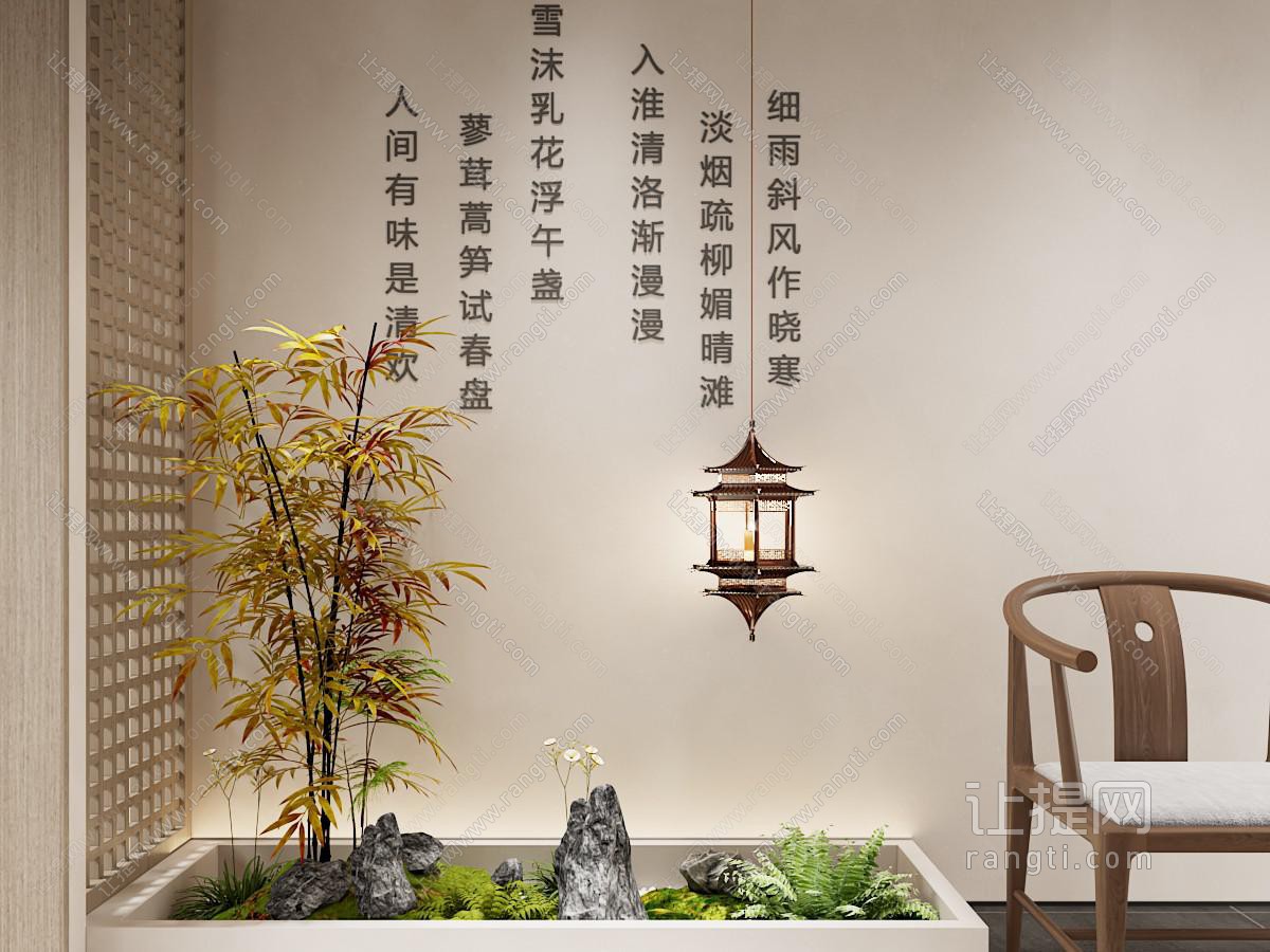 现代新中式室内景观 植物景观小品 植物堆园艺小品