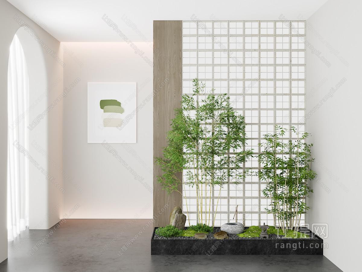 中古侘寂室内景观 屏风隔断竹子水景