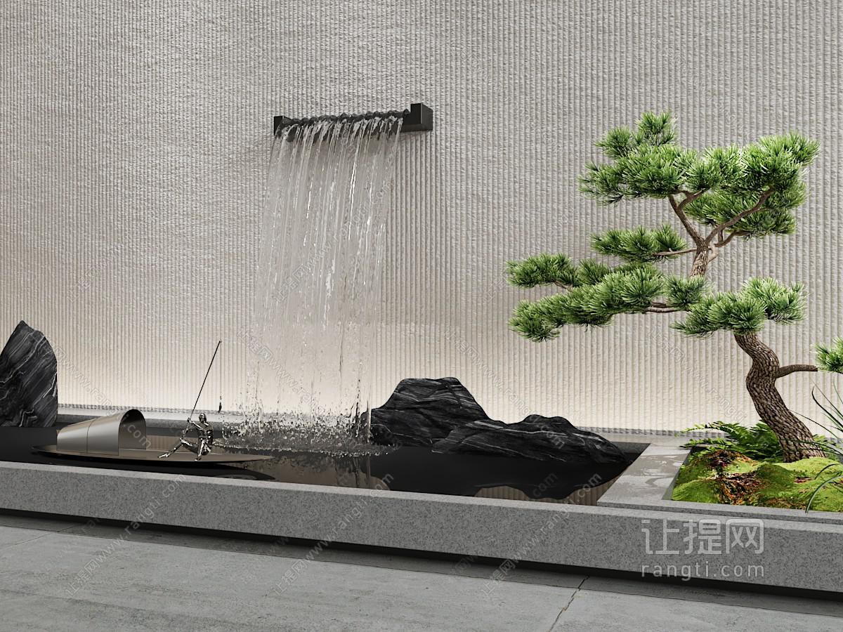 现代新中式假山水景 叠水景观 室内景观小品