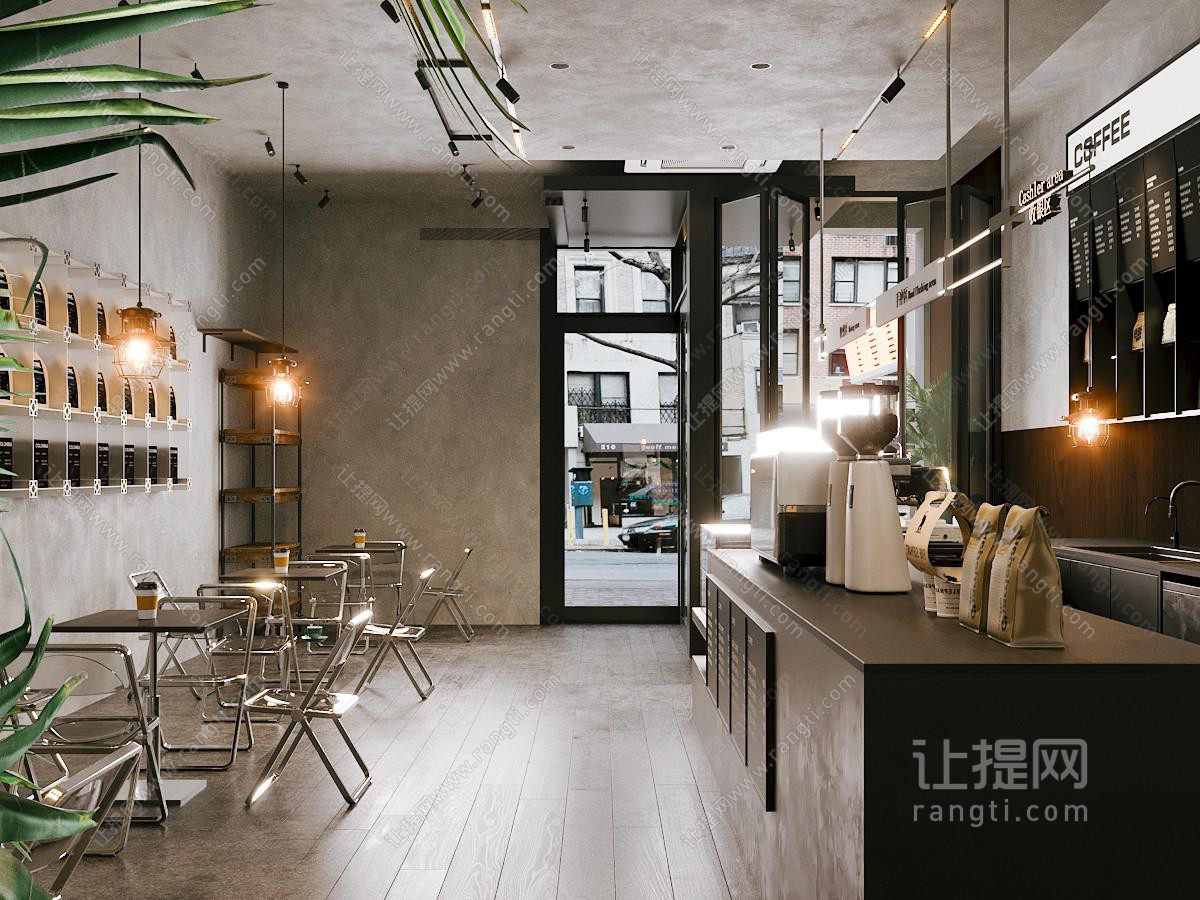 现代工业风咖啡厅 餐桌椅组合 咖啡操作台