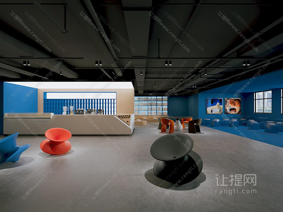 现代茶水间 现代多功能休息室 咖啡台 四人休息桌椅 旋