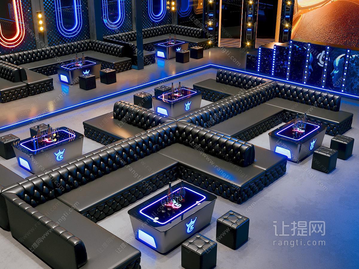 现代工业酒吧 酒馆 清吧 卡座沙发 沙发茶几组合