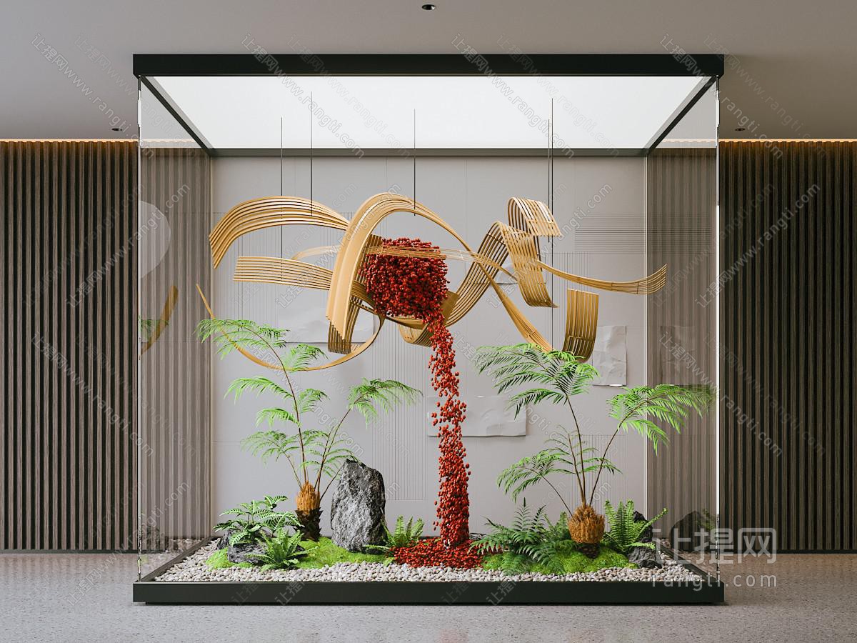 现代室内景观造景 苔藓景观 景观小品 藤编装置 植物装