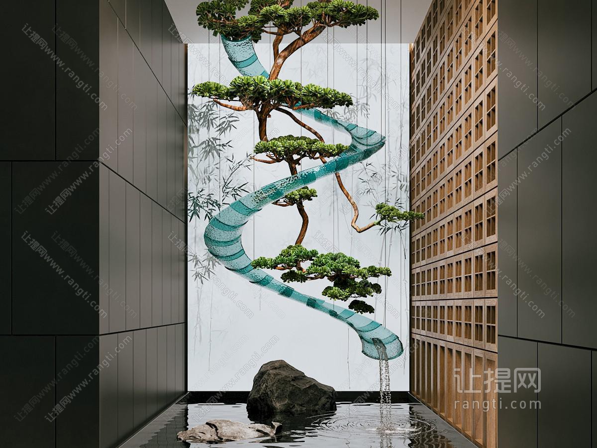 新中式室内水景观 流水 景观石 倒挂松树
