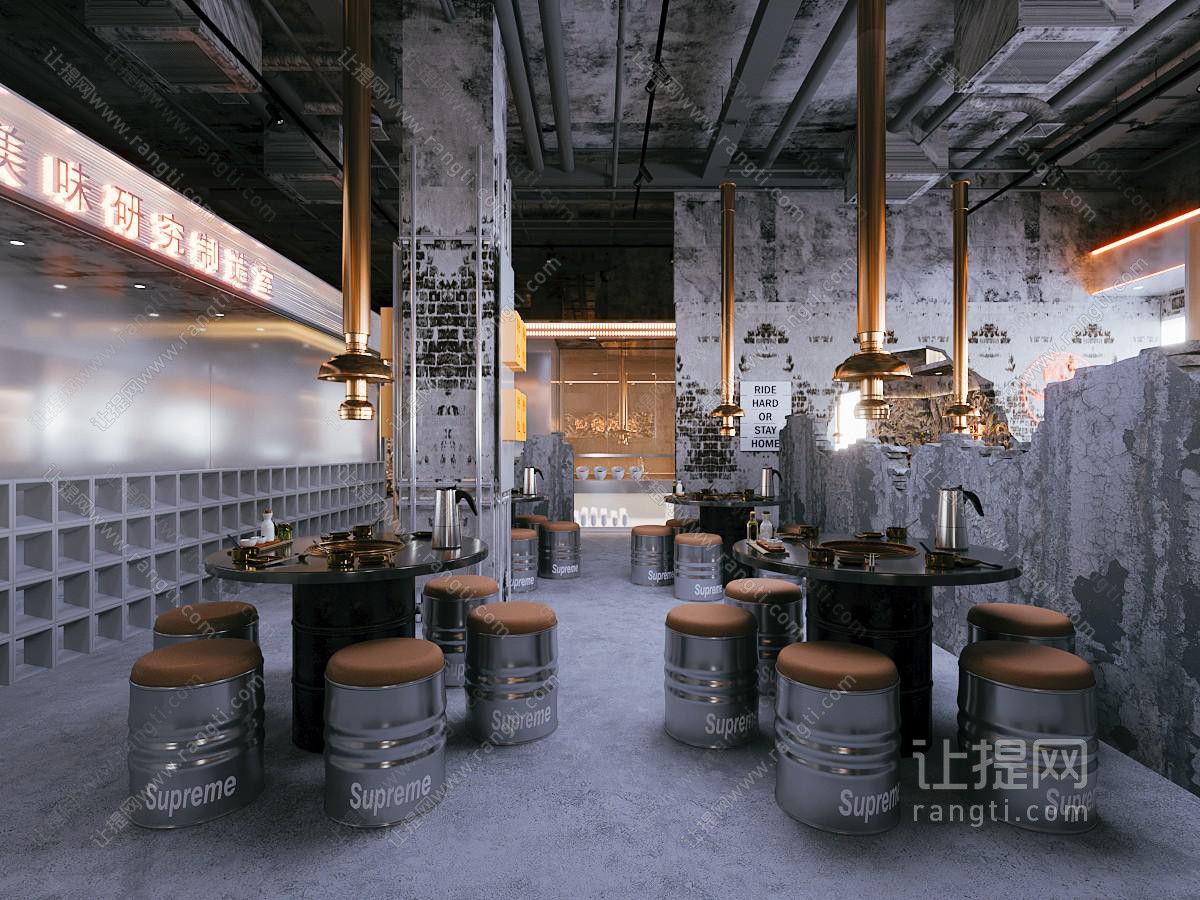 现代工业烤肉店 卡座 破败水泥装饰墙 餐具