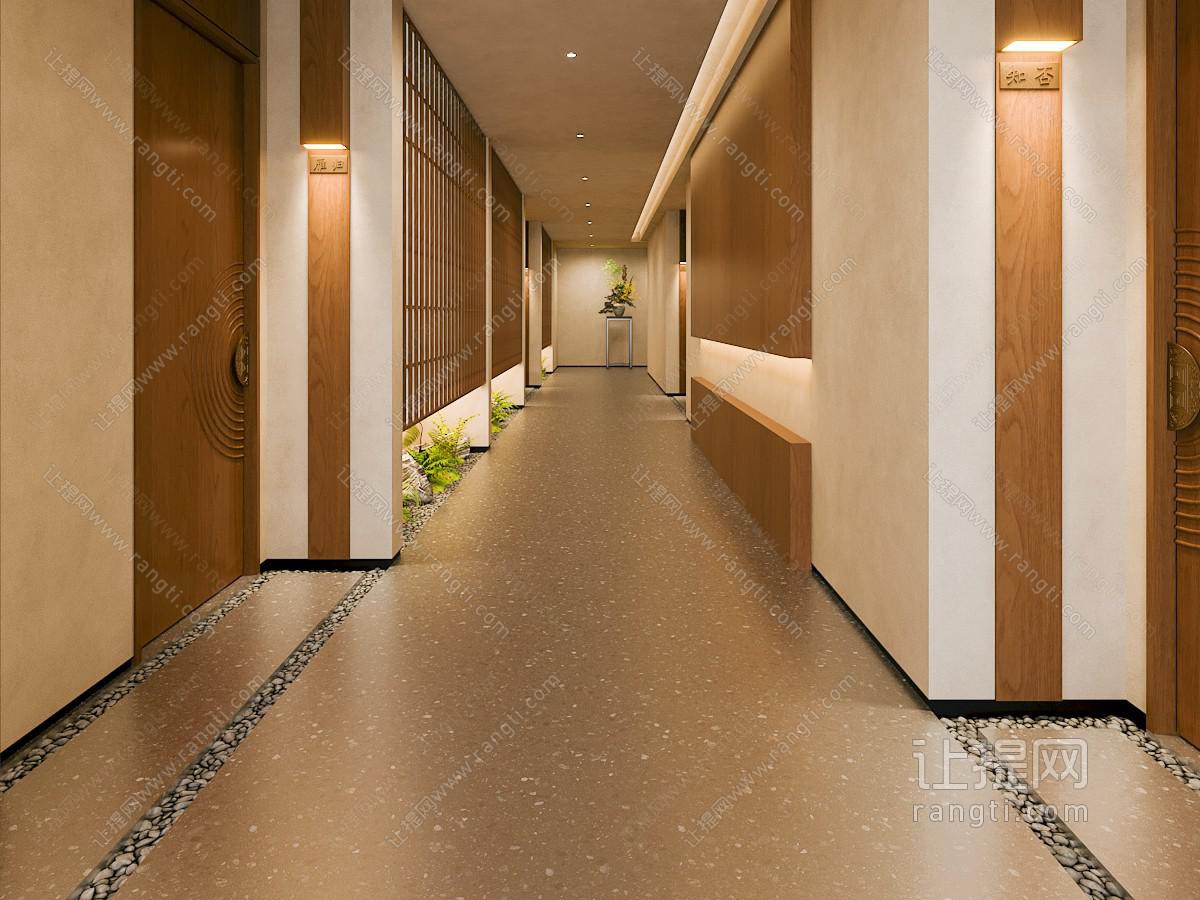 新中式茶室过道 会所走廊 过道景观 走廊景观 室内造景