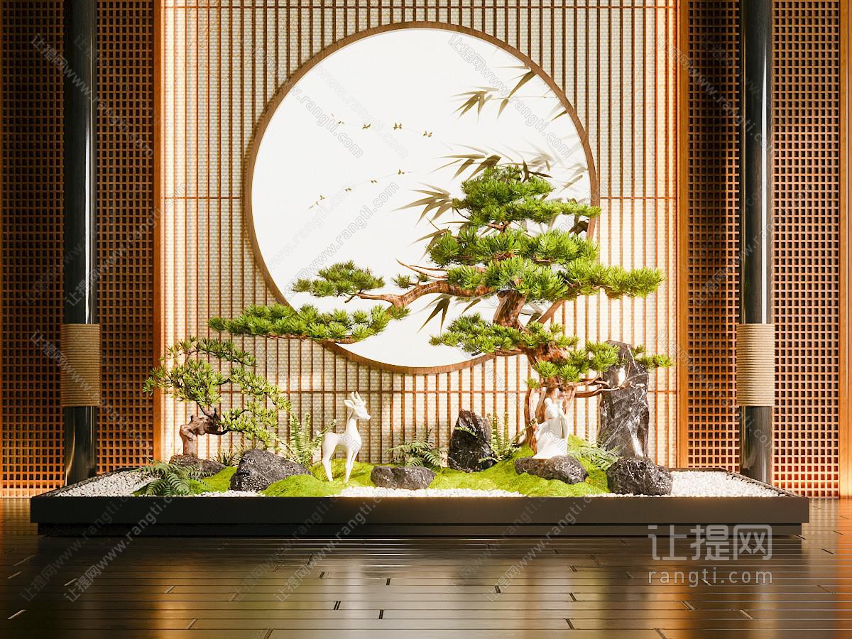 新中式室内景观 植物造景 松树 苔藓 景观石