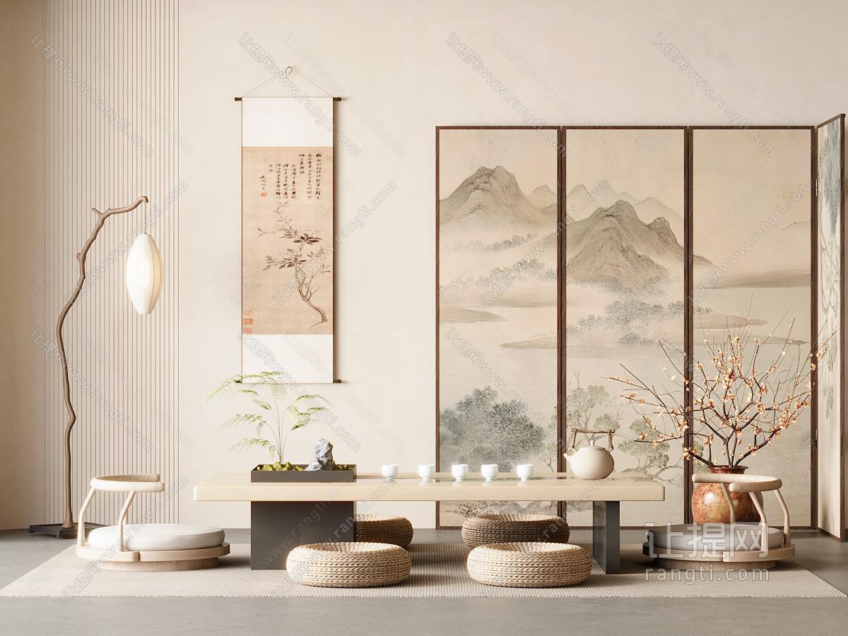 新中式茶室 榻榻米茶室 茶桌椅组合 中式屏风