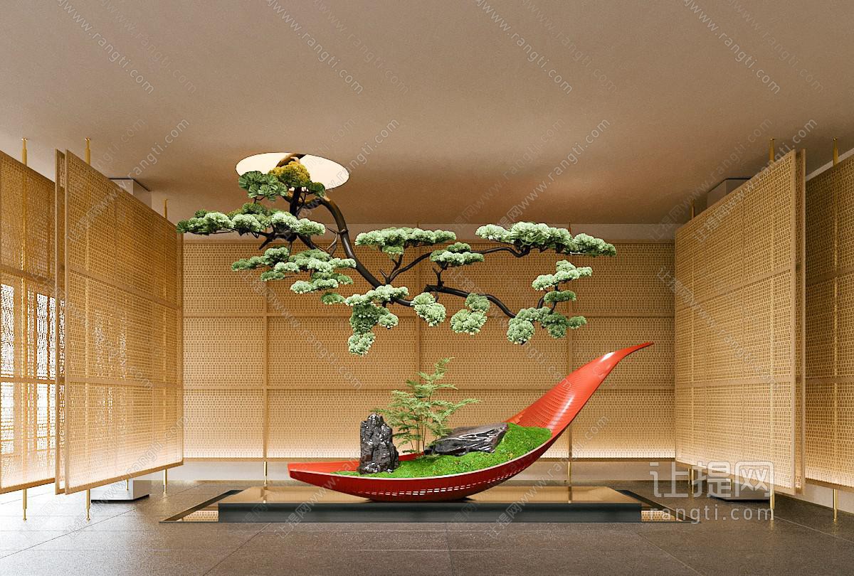 新中式室内造景 植物装置 景观造景 倒挂松树