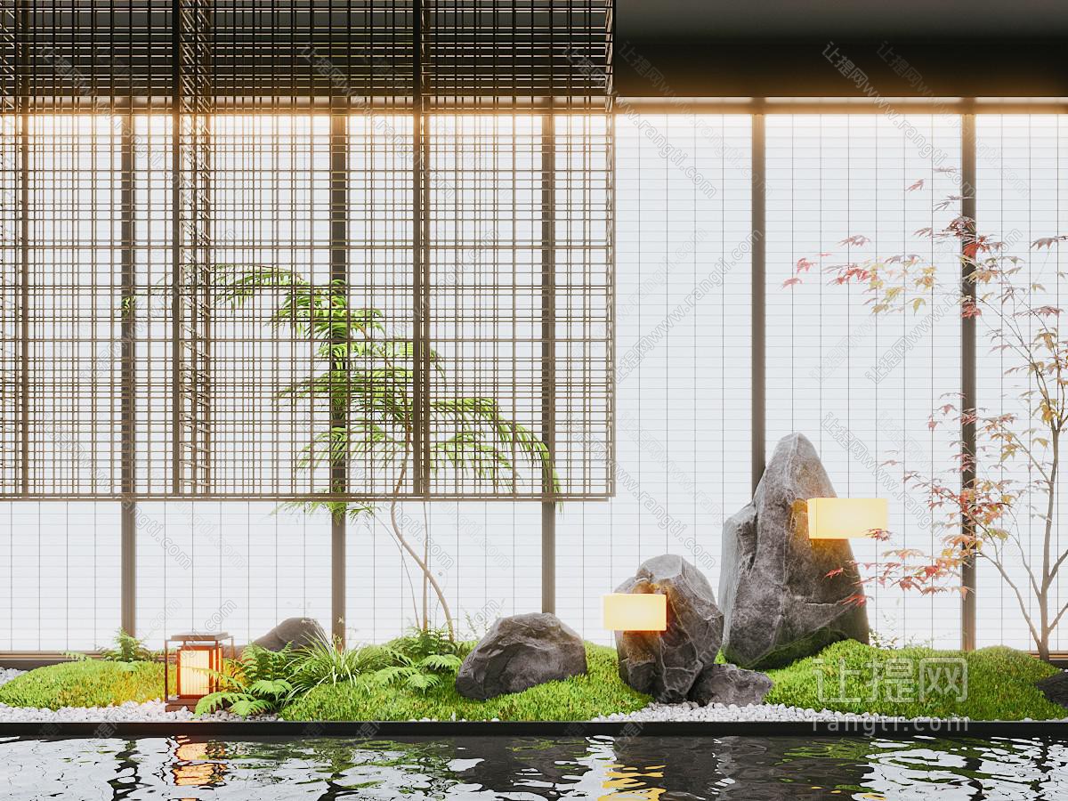 新中式室内景观造景 苔藓植物 景观石