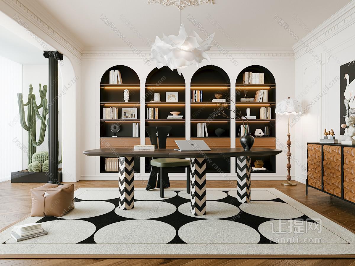 法式中古风格书房 书柜 书桌 椅子