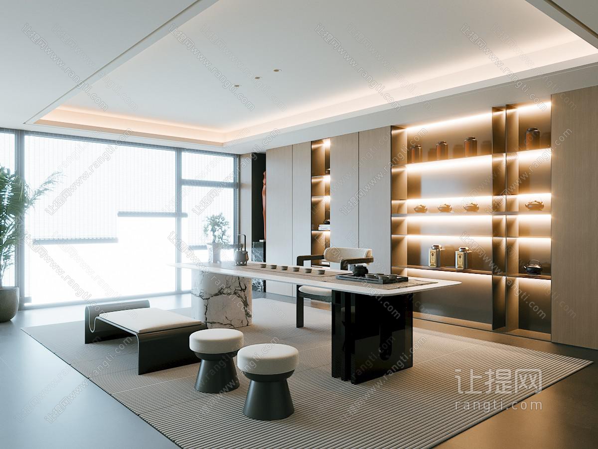 现代茶室 茶桌 茶具 矮凳 长凳 植物 书 茶壶 单椅 造