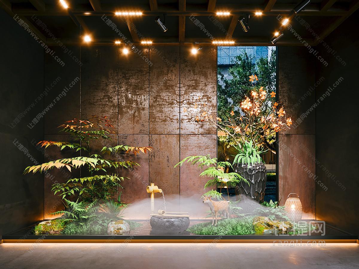 新中式室内景观 水景 苔藓植物