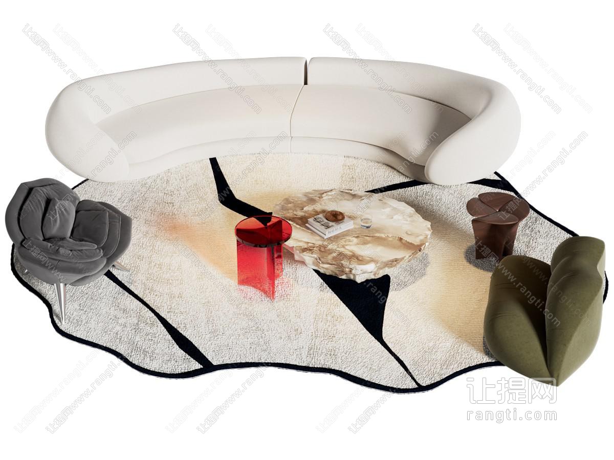 现代多人沙发 单人沙发和茶几组合