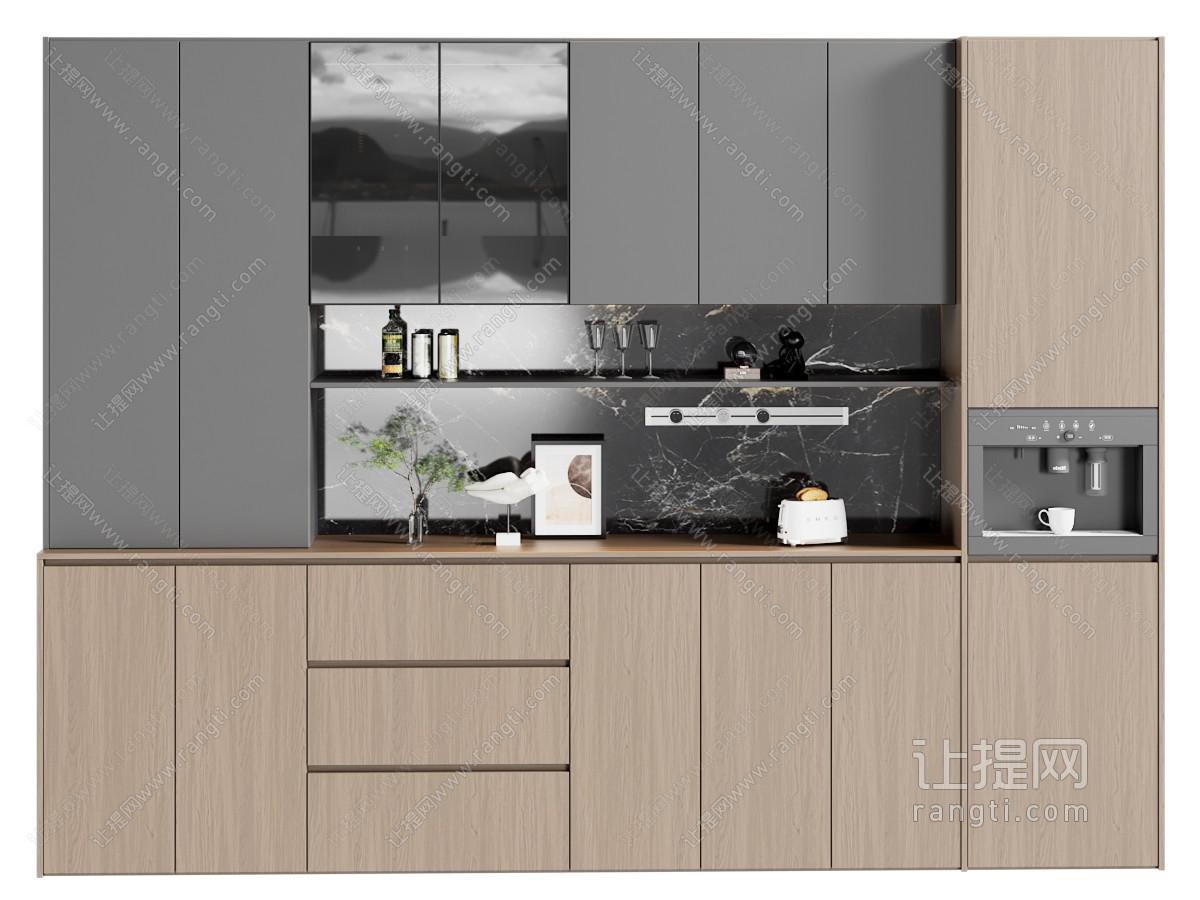 现代深灰拼接原木餐边柜
