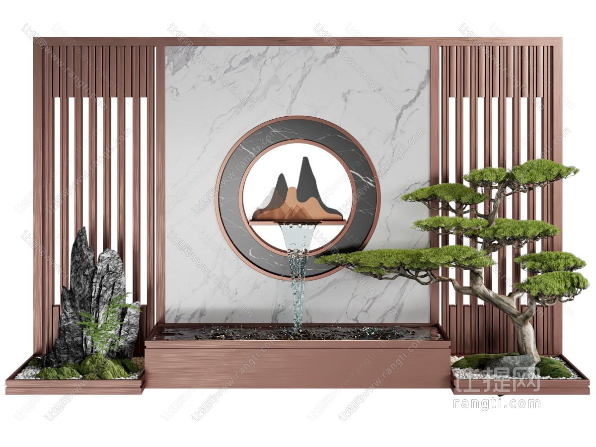 新中式水流 松树庭院景观园艺小品