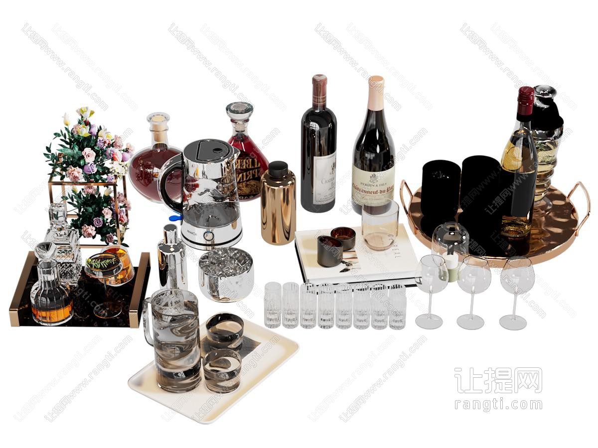 现代酒瓶酒杯摆件组合