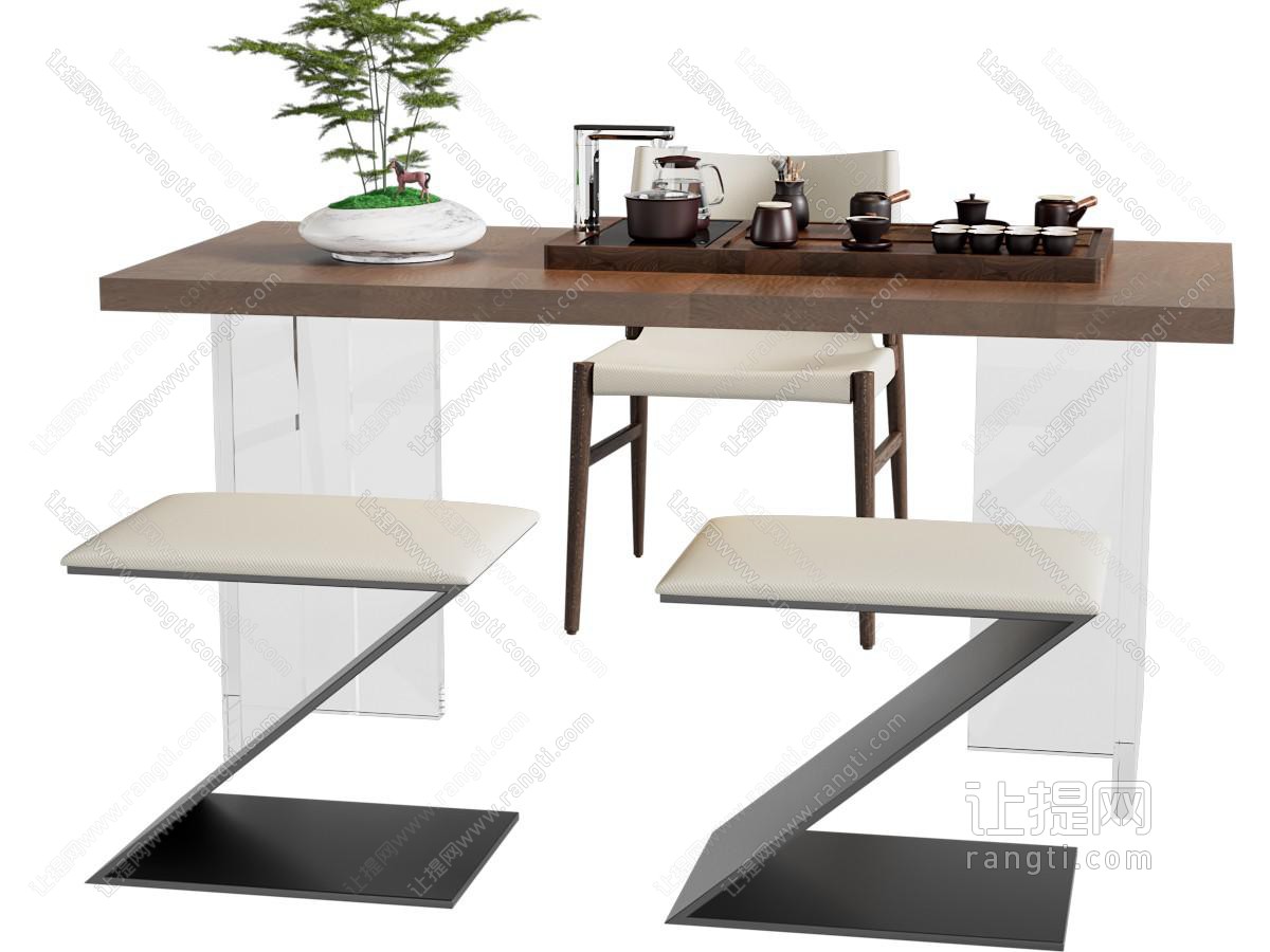 现代茶桌椅 茶具 绿植 长桌